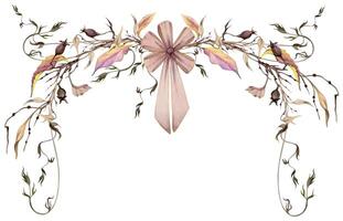 hand dragen vattenfärg illustration sjaskig boho botanisk blommor höst löv tendrils vin reste sig höft grenar kvistar med rosett slips. hörn ram isolerat vit. design bröllop, blomma affär, gåva kort vektor