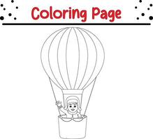 liten pojke ridning varm luft ballong färg bok sida för barn och vuxna vektor