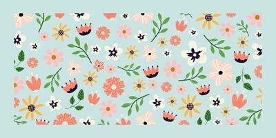 horisontell blommig bakgrund. söt illustration. sommar och vår blomning blommor isolerat på blå bakgrund. baner för säsong- högtider, påsk. affisch, bakgrund. vektor