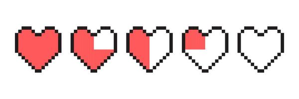 pixel spel liv bar. pixel konst 8 bit hälsa hjärta bar. gaming kontroller, symboler uppsättning. vektor