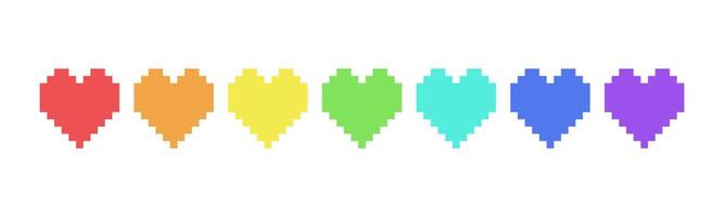 pixel färgrik kärlek ikon design mall. 8 bit hjärta. arkad spel symbol. röd, orange, gul, grön, blå och lila färger. vektor