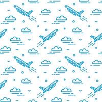 modern sömlös mönster med flygplan flygande i himmel. bakgrund med plan stigande bland moln dragen med rader. illustration i linjekonst stil för tapet, omslag papper, textil- skriva ut. vektor