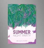 Sommer- Nacht Party Flyer oder Einladung Vorlage mit hängend Grün tropisch Palme Blätter oder Laub von exotisch Urwald Bäume und Platz zum Text. bunt Illustration zum Veranstaltung Werbung. vektor