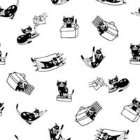 sömlös mönster med rolig katt hand dragen i svart och vit färger. svartvit bakgrund med dagligen liv av söt tecknad serie sällskapsdjur djur. illustration för tapet, omslag papper, textil- skriva ut. vektor