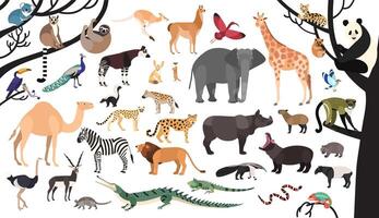samling av exotisk djur och fåglar levande i savann och tropisk skog eller djungel isolerat på vit bakgrund. uppsättning av söt tecknad serie tecken. platt ljus färgad illustration. vektor