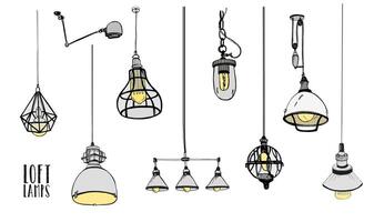 samling av modern isolerat loft lampor, årgång, retro stil ljus lökar. hand dragen illustration. vektor