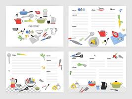 samling av kort mallar för framställning anteckningar handla om förberedelse av mat. tom recept bok eller kokbok sidor dekorerad med färgrik kök redskap och matlagning Ingredienser. illustration. vektor