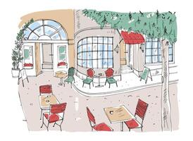 färgrik grov teckning av utomhus- Kafé, restaurang eller kaffe hus med tabeller och stolar stående på stad gata bredvid skön byggnad med stor panorama- fönster. hand dragen illustration. vektor