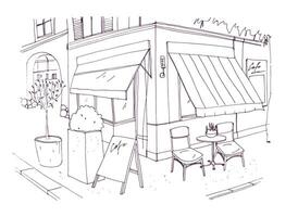 freehand teckning av europeisk trottoar Kafé eller restaurang med tabell och stolar stående på stad gata bredvid byggnad. illustration dragen med svart kontur rader på vit bakgrund. vektor
