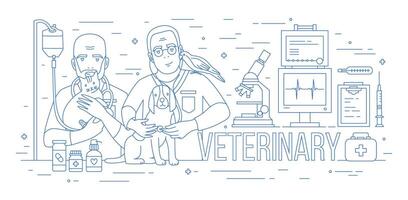 horisontell baner med par av veterinärer innehav hund, katt och papegoja. två leende veterinärer med sällskapsdjur djur i veterinär klinik dragen med blå kontur rader på vit bakgrund. illustration. vektor