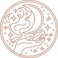 mystisch violett Boho Logo. Hand mit Magie, Mond und Sterne im das Himmel runden gestalten ästhetisch Gliederung Symbol. vektor