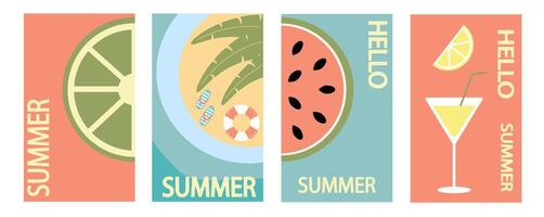 sommar. uppsättning av sommar bakgrunder. frukt strand paraply, flip flops och cocktail. abstrakt bakgrund, mönster för affischer, täcker, flygblad, banderoller. vektor