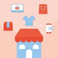 röd butik och bunt av online shopping ikoner vektor