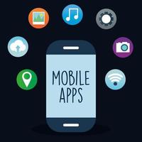 Mobile Apps-Schriftzug auf einem Telefon mit einem Bündel von App-Symbolen vektor