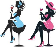 Silhouette von ein Frau Sitzung auf ein Schemel mit ein Glas von Wein im ihr Hand vektor