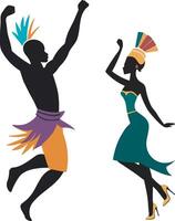 Silhouetten von schwarz afrikanisch Mann und Frau Tanzen auf das gehen ein ethnisch tanzen, Kunstwerk mit das Kultur von Afrika. vektor