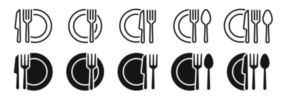 Besteck Symbol Satz. Geschirr, Besteck, Geschirr Symbole. Silhouette und linear Stil Symbole. vektor