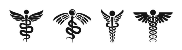 Medizin Symbole. Caduceus Symbole. medizinisch Schlange Logo. medizinisch Symbole. Apotheke Logos. vektor