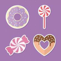 Bündel von Süßigkeiten-Symbolen über einem lila Hintergrund vektor