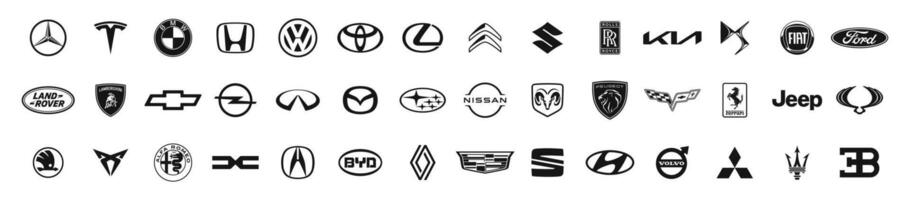 populär bil varumärke logotyper. topp bil märken ikon uppsättning. vw, bmw, audi, mercedes, lexus, Renault, vadställe, Toyota, honda vektor