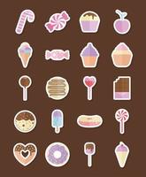 Reihe von Süßigkeiten-Symbolen auf braunem Hintergrund vektor