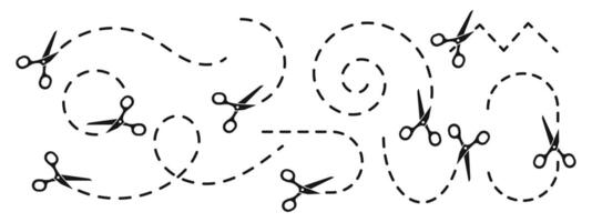 Schere Schnitt Linie Symbole. Schere Schneiden Pfad Symbole. vektor
