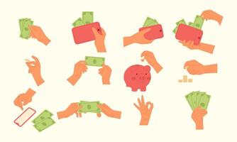 uppsättning av sedlar och mynt. händer innehav pengar. kontanter, räkningar, mynt. investera, sparande, utgifterna pengar, betalande vektor