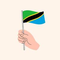 tecknad serie hand innehav tanzanian flagga, enkel design. flagga av tanzania, öst afrika, begrepp illustration, isolerat platt teckning vektor