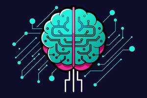 trogen hjärna i neon färger. lysande hjärna i nätverk miljö. begrepp av artificiell intelligens, mänsklig intelligens, Hjärnkraft. isolerat på mörk blå bakgrund. skriva ut. design. grafisk konst vektor