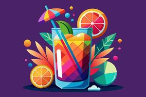 erfrischend tropisch Cocktail gegen lila Hintergrund. beschwingt trinken im Blumen- Einstellung. Konzept von Sommer- Getränke, erfrischend Getränke, exotisch Cocktails, Freizeit. Grafik Illustration vektor