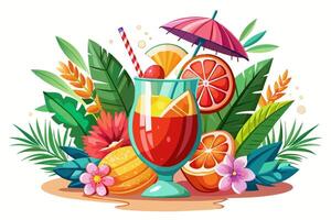 erfrischend tropisch Cocktail isoliert auf Weiß Hintergrund. beschwingt Obst trinken im Blumen- Einstellung. Konzept von Sommer- Getränke, exotisch Getränke, Freizeit. Design Element. drucken. Grafik Illustration. vektor