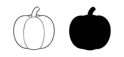 uppsättning av svart pumpor, silhuett och översikt, illustration isolerat på vit bakgrund. ikon, logotyp, tecken, piktogram. begrepp av minimalistisk halloween dekor, säsong- grafisk design, jordbruk, skörda. vektor