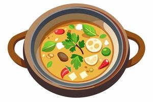 Tom kha gai im Schüssel mit Huhn, Pilze im Kokosnuss Milch Brühe. traditionell thailändisch Kokosnuss Suppe mit frisch Kräuter. Konzept von authentisch asiatisch Küche. Grafik Illustration. isoliert auf Weiß vektor