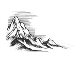 Berg Landschaft schwarz auf Weiß Hintergrund. Hand gezeichnet felsig Spitzen im skizzieren Stil. vektor