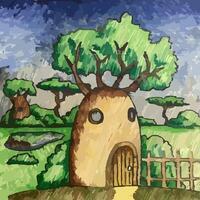 teckning av en baobab hus med en dörr och fönster stiliserade teckning slag. illustration hus träd med staket och buskar mot de bakgrund av Övrig sådan de vild hyddor och afrikansk fält vektor