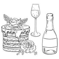 künstlerisch schwarz und Weiß Zeichnung von ein Kuchen, Wein Flasche, und Wein Glas vektor