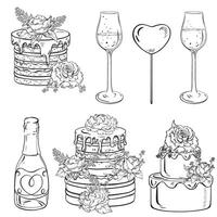 schwarz und Weiß Kunst von ein Hochzeit Kuchen, Wein Gläser, und ein Champagner Flasche vektor