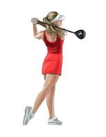 kvinnlig golfspelare som slår bollen, färgteckning, realistisk. vektor illustration av färger