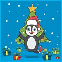 Süßes Tierweihnachten mit Pinguin-Charakterdesign, Socken- und Hutweihnachten tragen. Wald Hintergrund. perfekt für Hintergrund, Grußkarte, Label und Symbol. vektor