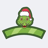 Krokodilkopf-Charakterlogo, Symbol, Wasserzeichen, Abzeichen, Emblem und Etikett mit Weihnachtsmütze. vektor