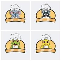 söta djur kock set, bär hatt och matlagning tema. koala, tvättbjörn, groda och anka karaktärsdesign, maskot, etikett, ikon och logotyp. vektor