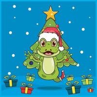 Süßes Tierweihnachten mit Frosch-Charakter-Design, Socken- und Hutweihnachten tragen. Wald Hintergrund. perfekt für Hintergrund, Grußkarte, Label und Symbol. vektor
