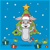 söta djur jul med kanin karaktär design, bär strumpa och hatt jul. skogsmark bakgrund. perfekt för bakgrund, gratulationskort, etikett och ikon. vektor