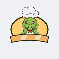 söt krokodilkock och matlagningstema. maskot, karaktär, logotyp, etikett och ikon. vektor