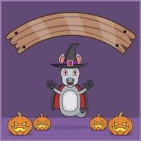 Süßes Eseltier, das Vampir-Halloween-Custome trägt, mit Leerzeichen-Banner, Kürbissen und Flugposition. vektor