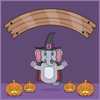 süßes Elefantentier, das Vampir-Halloween-Custome trägt, mit Leerzeichen-Banner, Kürbissen und Flugposition vektor