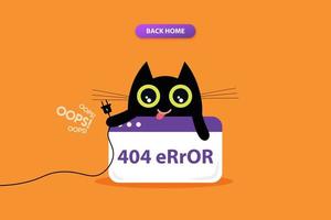 404-Fehlerseite mit Abbildungen der schwarzen Katze. nicht gefunden Systemaktualisierungen, Hochladen, Betrieb, Computer, Installationsprogramme. vektor