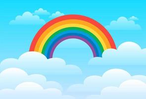 bunter Regenbogen mit Wolken am Himmel. bewölkte Landschaft Tapete. sauberer und minimaler Kulissenhintergrund für Kinderzimmer, Babyzimmer, Babyzimmerdekoration. vektor