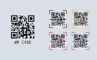 skanning qr-kod ikonuppsättning. qr-kodsskanningsprocess med svart, gul, röd och blå färgkoncept. vektor