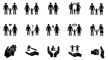 Kindersorge-Glyphe-Symbole gesetzt. Silhouette-Symbole. LGBT-Familien. Adoption und Waisenhaus. Familiengericht. Kinderrechte. isolierte Vektorgrafik vektor